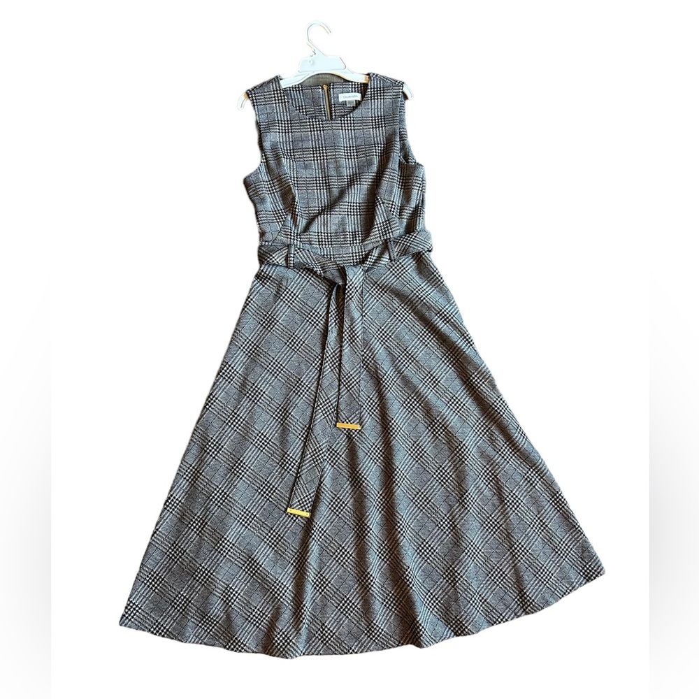 Calvin Klein Navy Plaid Houndstooth Belted Dress Size 6